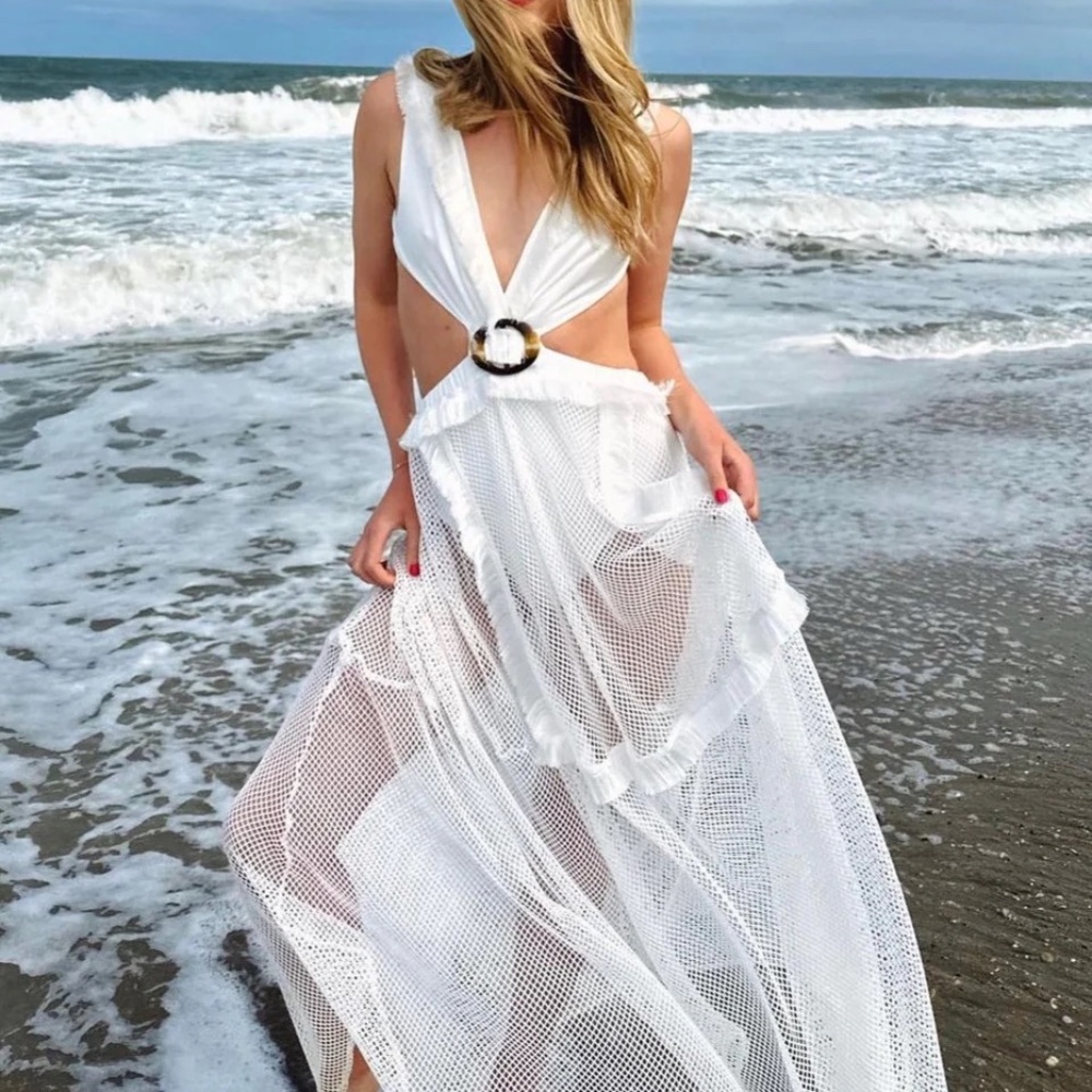 12th Tribe White Mesh Maxi Dress